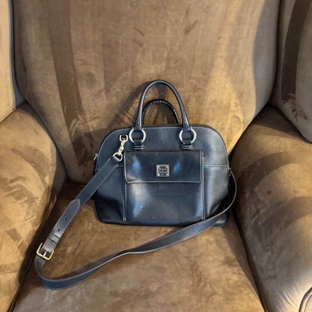 Vintage Dooney & Bourke Black Leather Domed Satchel with Gold Accents